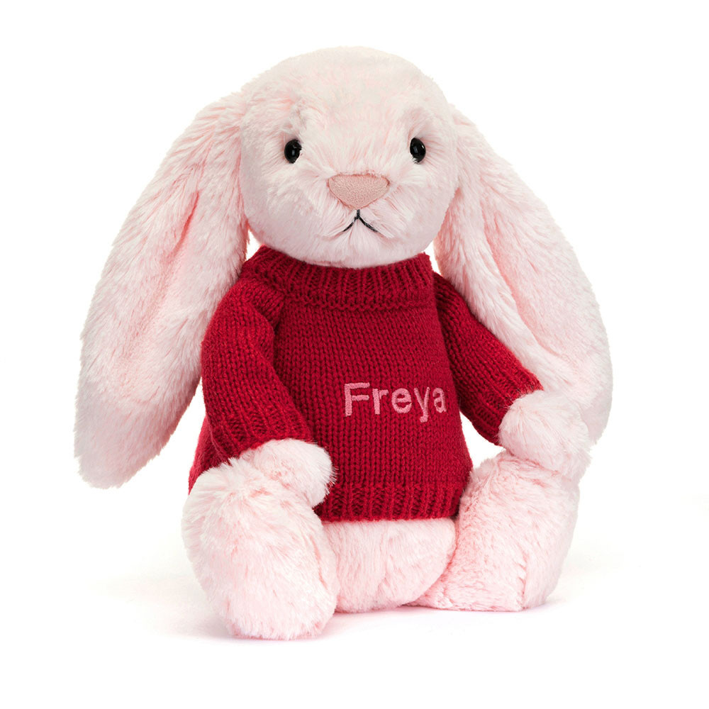 Bashful Pink Bunny with Personalized Red Jumper